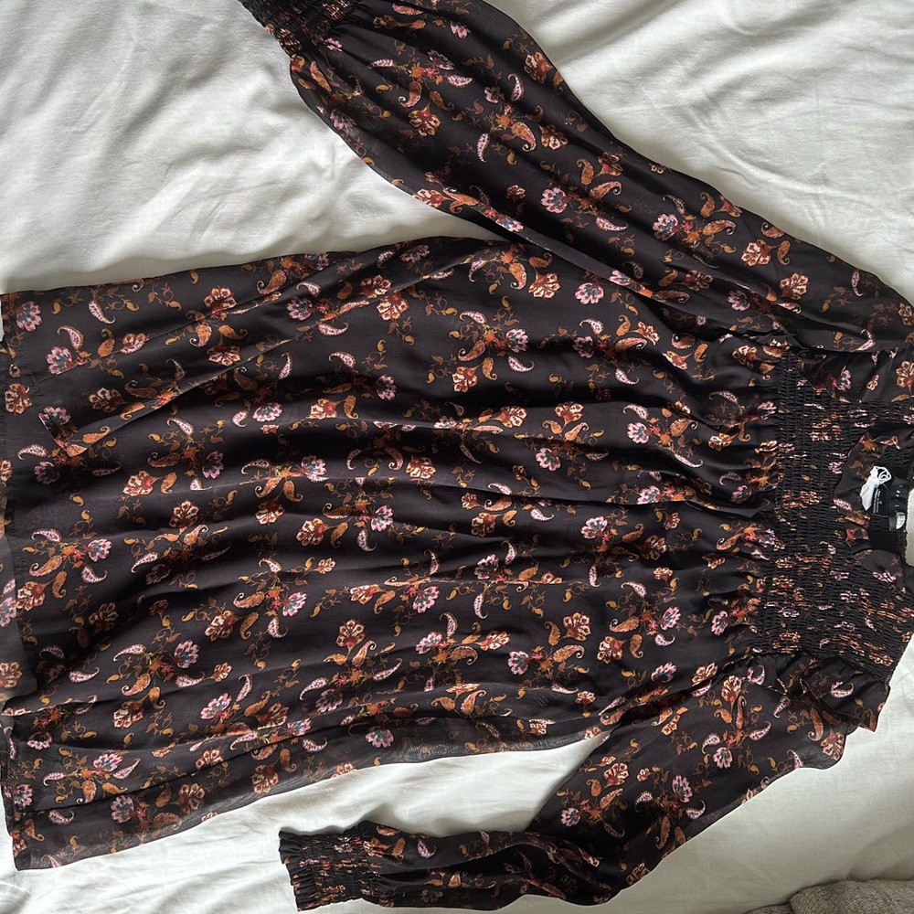 Mini  full-sleeve dress - black with colorful flower designs with gold accents - Picture 2 of 6